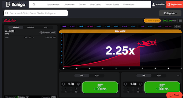 Beispiel eines Aviator Games beim Anbieter Bahigo